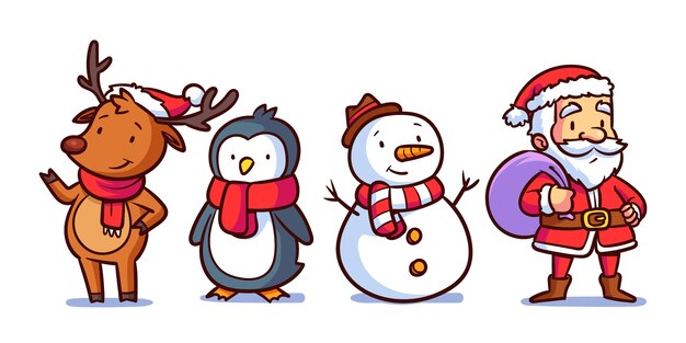 Pacote de personagens de natal desenhados à mão