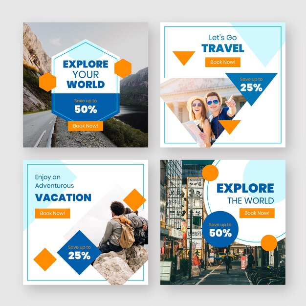 Pacote de postagem do instagram de viagens de design plano