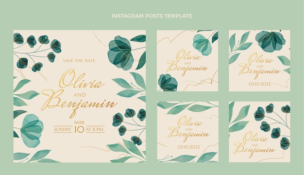 Vetor grátis pacote de postagens do instagram para casamento em aquarela