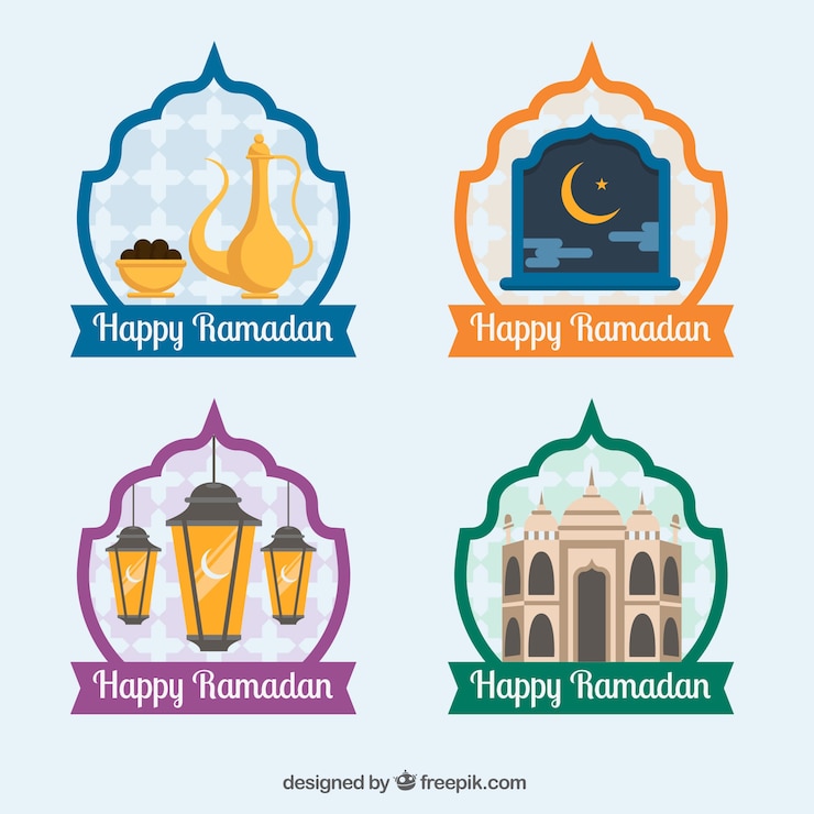 Vetor grátis pacote de quatro etiquetas felizes do ramadan