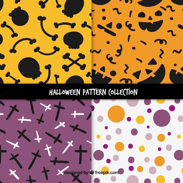 Vetor grátis pacote de quatro padrões com elementos e círculos de halloween