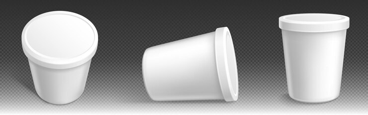 Vetor grátis pacote de sorvete recipiente de plástico branco maquete 3d de balde em branco com tampa para iogurte produtos lácteos manteiga ou gelato frasco de comida redondo com tampa na frente e vista de ângulo conjunto realista de vetor