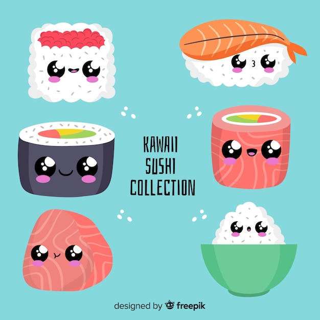 Vetor grátis pacote de sushi de mão desenhada kawaii