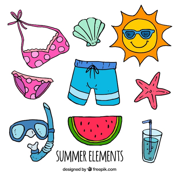 Pacote de verão de elementos decorativos desenhados à mão