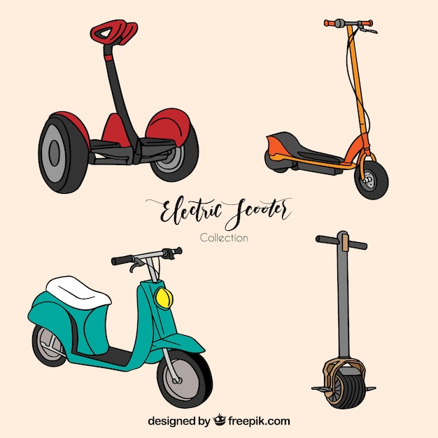 Pacote desenhado à mão de scooters modernos