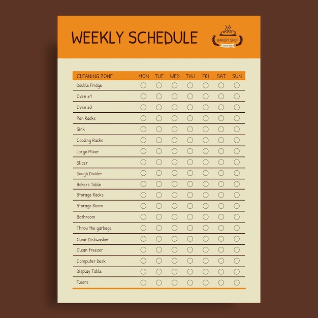 Padaria desenhada à mão 1880 cronograma de limpeza semanal