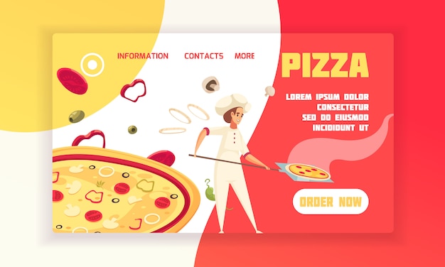 Padeiro de banner horizontal conceito pizza plana preparar pizza com ordem agora botão ilustração vetorial