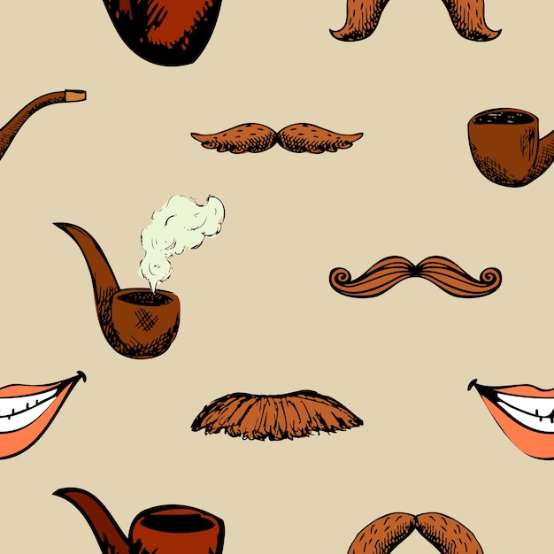 Padrão com bigode e cachimbo. fundo sem emenda da decoração hipster.