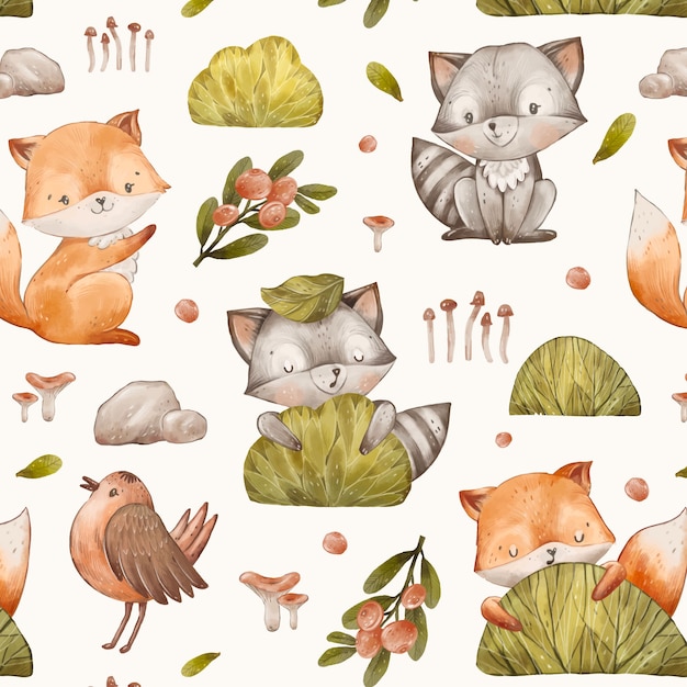 Padrão de animais da floresta em aquarela