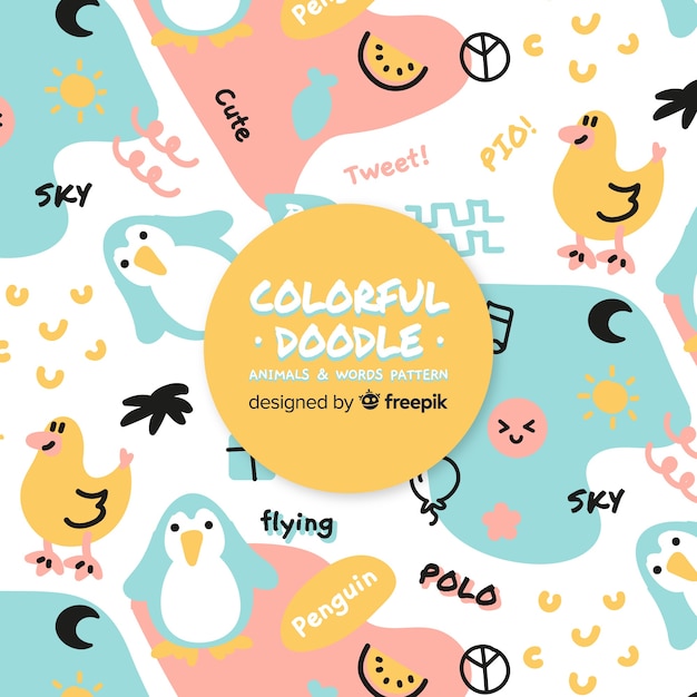 Padrão de animais e palavras de doodle engraçado