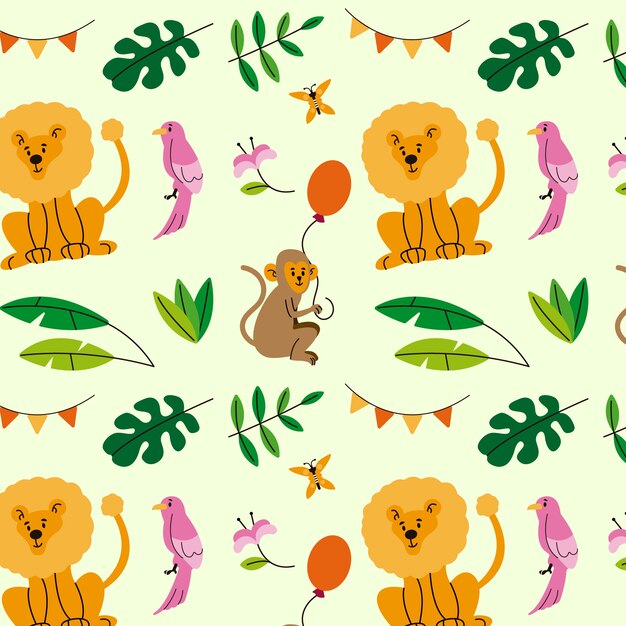 Padrão de aniversário de animal de selva de design plano