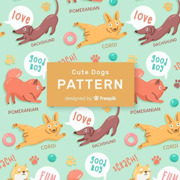 Vetor grátis padrão de cães e palavras de doodle colorido