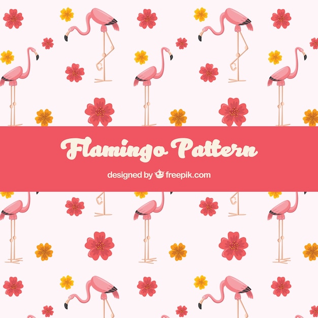 Padrão de flamingos com flores no estilo desenhado de mão