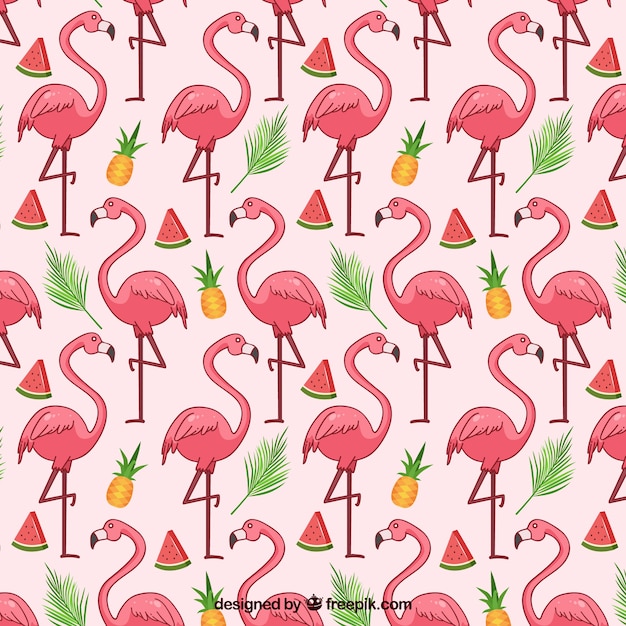 Padrão de flamingos com plantas e frutas na mão desenhada estilo