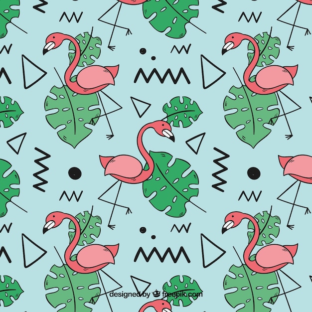 Padrão de flamingos com plantas na mão desenhada estilo