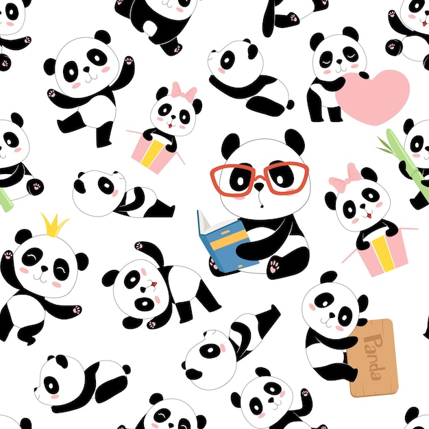 Padrão de panda ursos asiáticos tradicionais de china fofinha vetor ilustrações perfeitas com personagens de animais padrão de fundo de urso branco preto fauna da ásia Vetor Premium