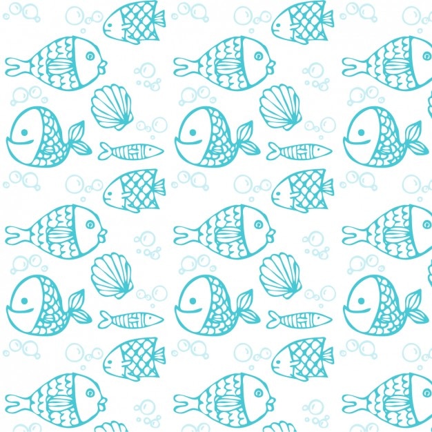 Vetor grátis padrão de peixe desenhado mão azul