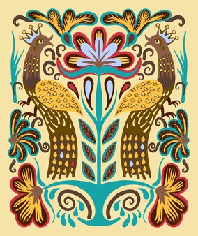 Padrão decorativo étnico original ucraniano desenhado à mão com dois pássaros e flores para impressão em tecido