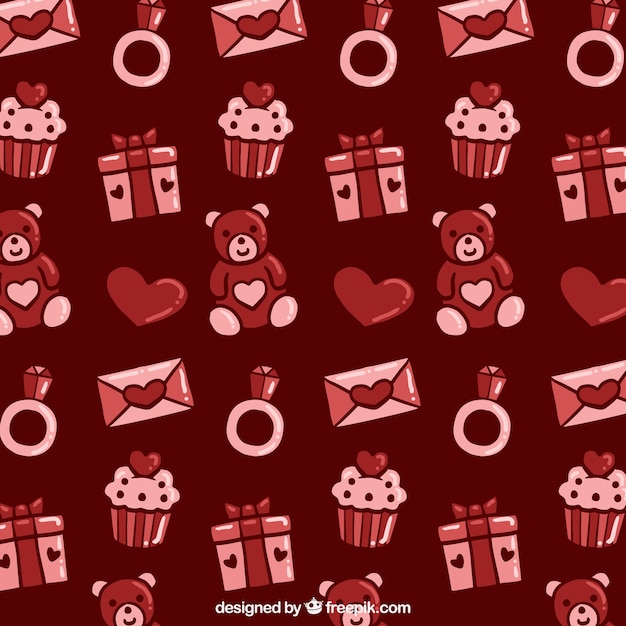 padrão dos Valentim com ursos e presentes de peluche em tons vermelhos
