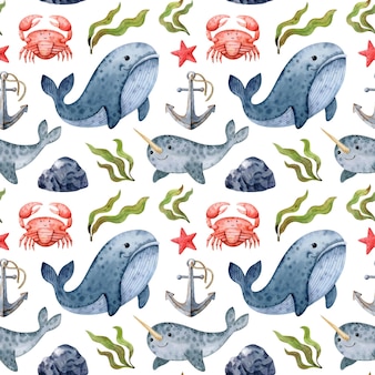 Padrão perfeito com animais fofos do mar do norte baleia e narval ilustração de aquarela infantil