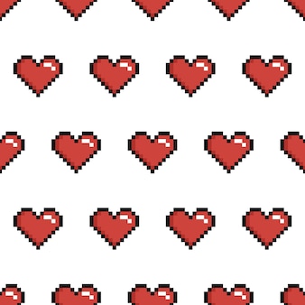 Padrão perfeito de pixel art com corações vermelhos em um fundo branco