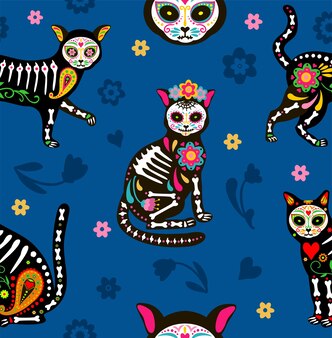 Padrão sem emenda com gatos calavera de caveira de açúcar em estilo mexicano para o feriado do dia dos mortos
