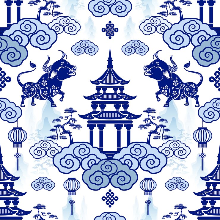 Padrão sem emenda com o signo de ano novo chinês do Zodíaco do boi com elementos asiáticos