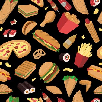 Padrão sem emenda de fast food. ornamento colorido de comida deliciosa. ilustração do vetor dos desenhos animados. design moderno para decoração, papel de parede, plano de fundo, têxteis.