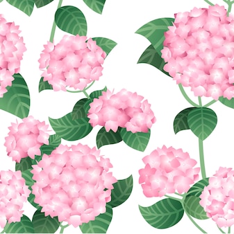 Padrão sem emenda de flores de hortênsia rosa com hastes verdes e ilustração vetorial plana de folhas