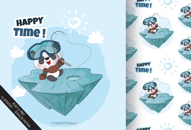 Vetor grátis padrão sem emenda de pesca feliz de panda pequeno bonito - ilustração de fundo