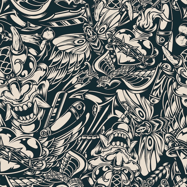 Vetor grátis padrão sem emenda de tatuagens flash vintage