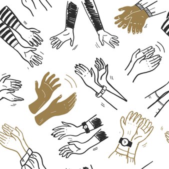 Padrão sem emenda de vetor com ilustração de aplausos mão desenhada doodle mãos humanas batendo palmas isoladas no fundo branco. para cartões, banners, pôsteres, cartazes, flayers, design de embalagem, etc.