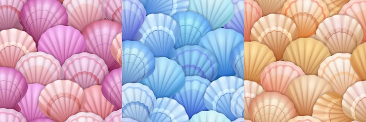 Vetor grátis padrões sem costura de conchas fundo de praia abstrato com conchas de moluscos textura de desenho vetorial definida com vieiras azuis e marrons, moluscos bivalves tropicais