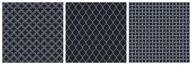 Vetor grátis padrões sem costura de rede de metal texturas de malha de aço de grade de ferro de arame e anéis para gaiola de prisão de armadura de corrente de cerca ilustração em vetor realista de treliça de metal em fundo preto