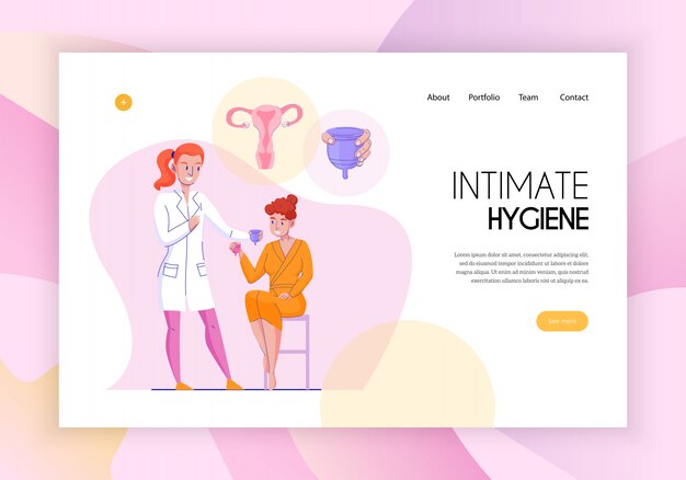 Página da web de conceito de higiene íntima feminina banner horizontal plana com ilustração em vetor consultoria médica aplicação de produtos de assistente