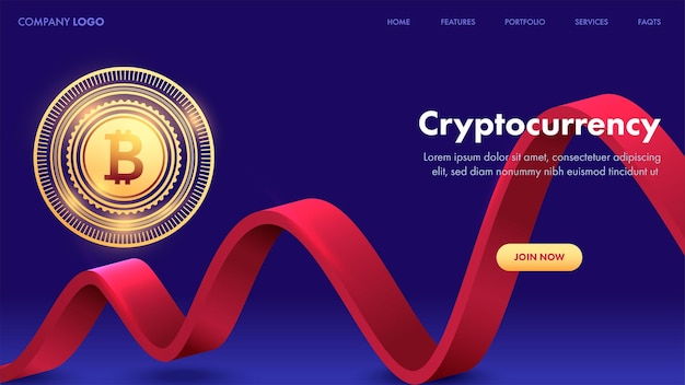 Página de destino criptomoeda ou modelo da web com bitcoin dourado e 3d red wave
