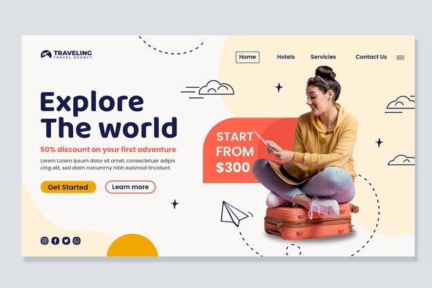 Página de destino da agência de viagens com desenho de avião