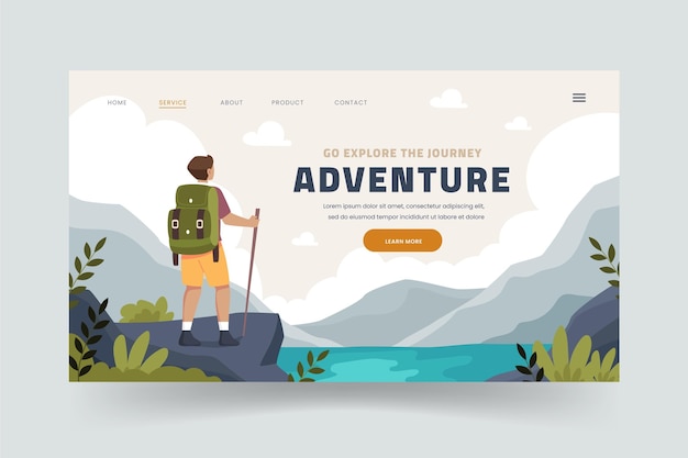 Página de destino da aventura de design plano