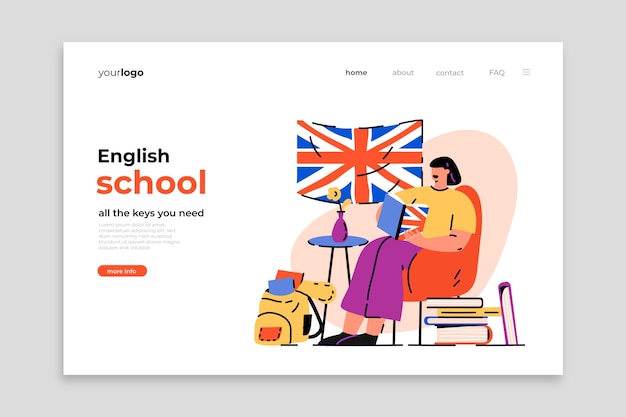 Página de destino da escola de inglês plana desenhada à mão