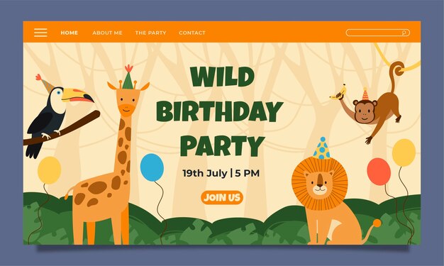 Página de destino da festa de aniversário da selva desenhada à mão