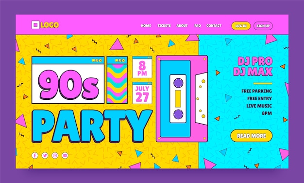 Página de destino da festa de design plano dos anos 90