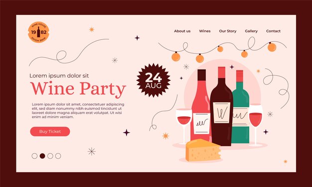 Página de destino da festa de vinho de design plano