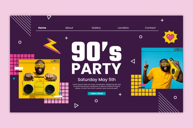 Página de destino da festa dos anos 90 colorida de design plano
