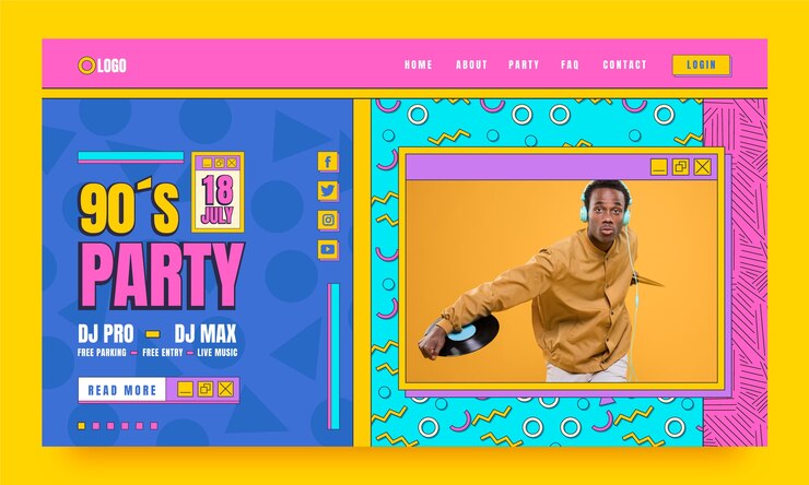 Vetor grátis página de destino da festa dos anos 90 colorida de design plano
