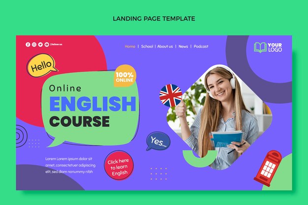 Página de destino de aulas de inglês de design plano