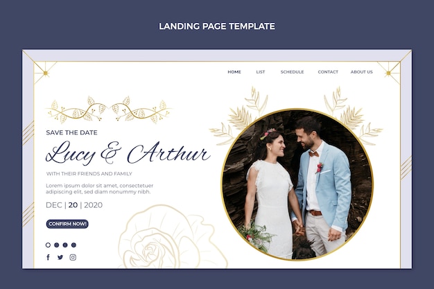 Página de destino de casamento de ouro de luxo realista