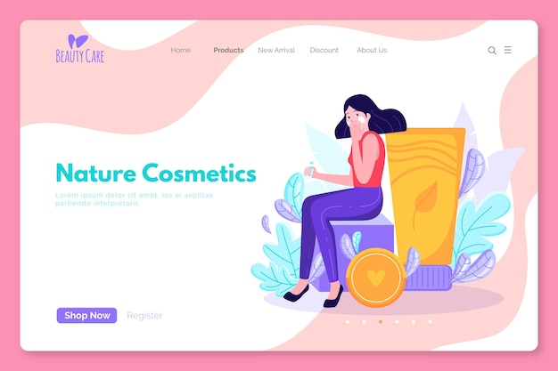 Página de destino de cosméticos de natureza com mulher