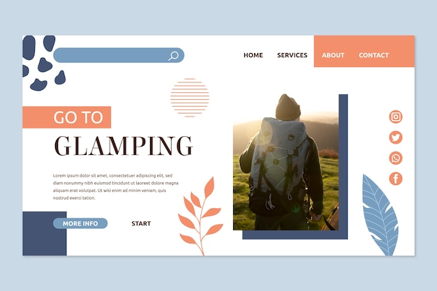 Página de destino de glamping de design plano desenhado à mão