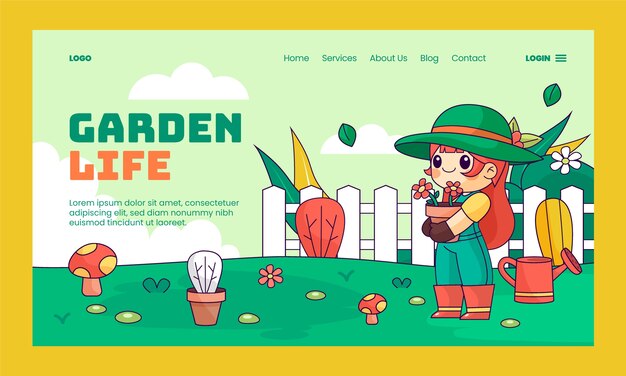 Página de destino de jardinagem desenhada à mão com plantas
