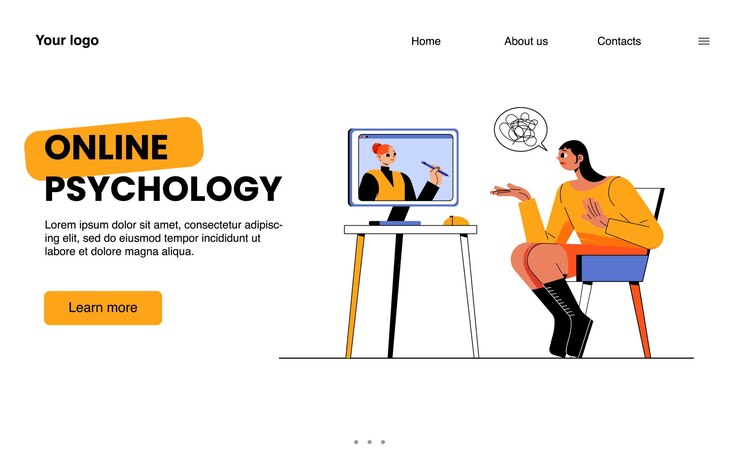 Vetor grátis página de destino de psicologia online mulher deprimida com pensamentos emaranhados consultando terapeuta na tela do computador linha de apoio mental distante com psicólogo banner da web de arte de linha vetorial plana de desenho animado